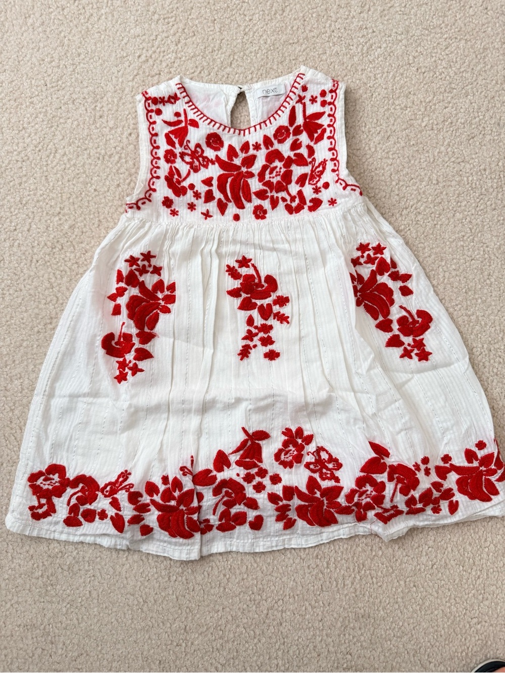 next White Dress with Red Floral Embroidery
